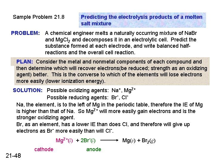 Sample Problem 21. 8 PROBLEM: Predicting the electrolysis products of a molten salt mixture