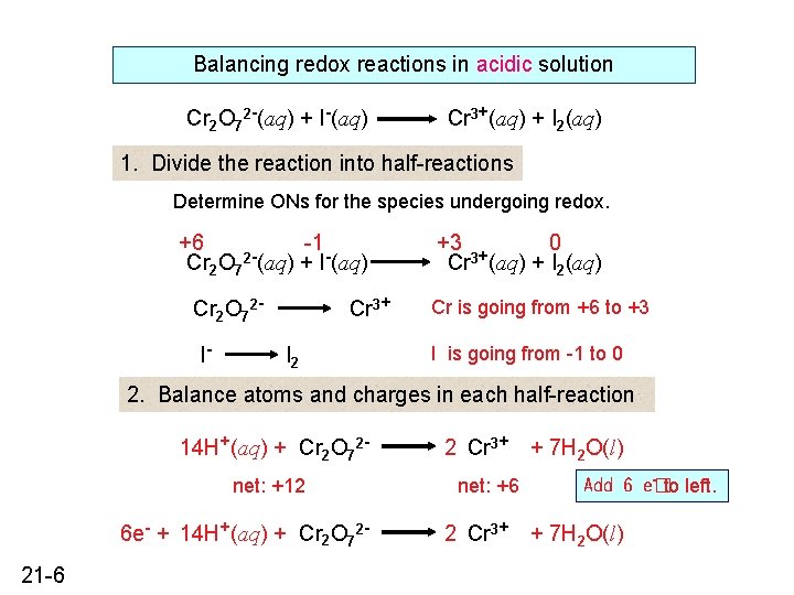 Balancing redox reactions in acidic solution Cr 2 O 72 -(aq) + I-(aq) Cr