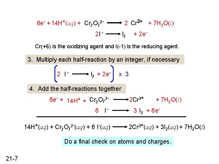 6 e- + 14 H+(aq) + Cr 2 O 72 - 2 Cr 3+ 6 e- + 14 H+(aq) + Cr 2 O 72 - 2 Cr 3+