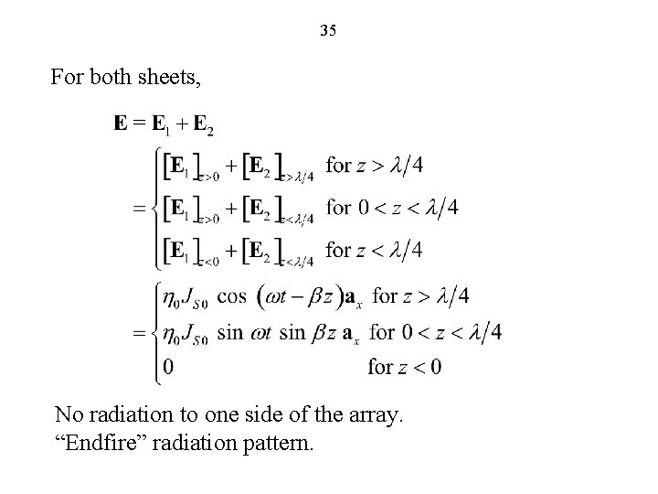 35 For both sheets, No radiation to one side of the array. “Endfire” radiation