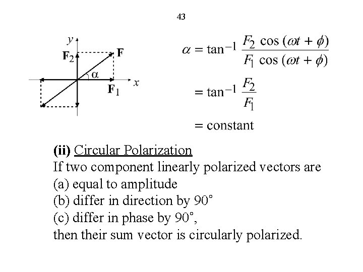 43 (ii) Circular Polarization If two component linearly polarized vectors are (a) equal to