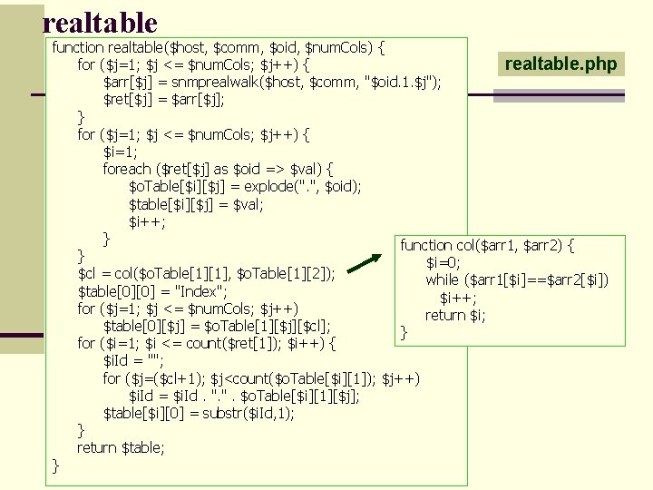 realtable function realtable($host, $comm, $oid, $num. Cols) { realtable. php for ($j=1; $j <=