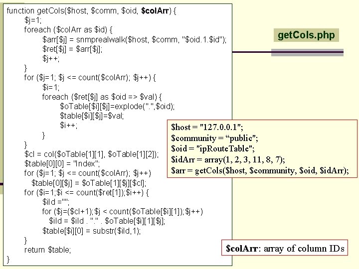 function get. Cols($host, $comm, $oid, $col. Arr) { $col. Arr $j=1; foreach ($col. Arr