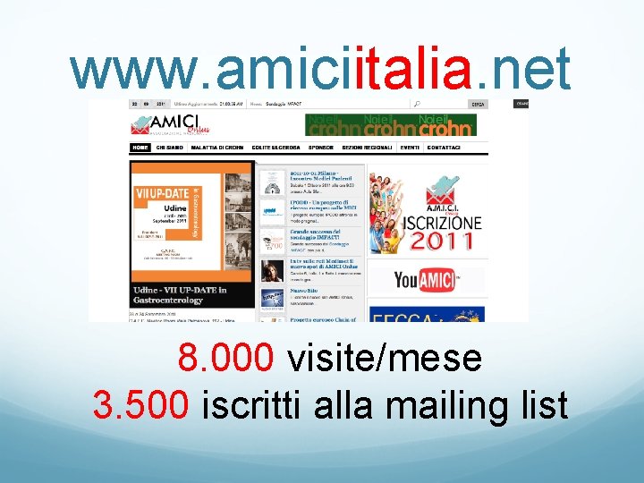 www. amiciitalia. net 8. 000 visite/mese 3. 500 iscritti alla mailing list 