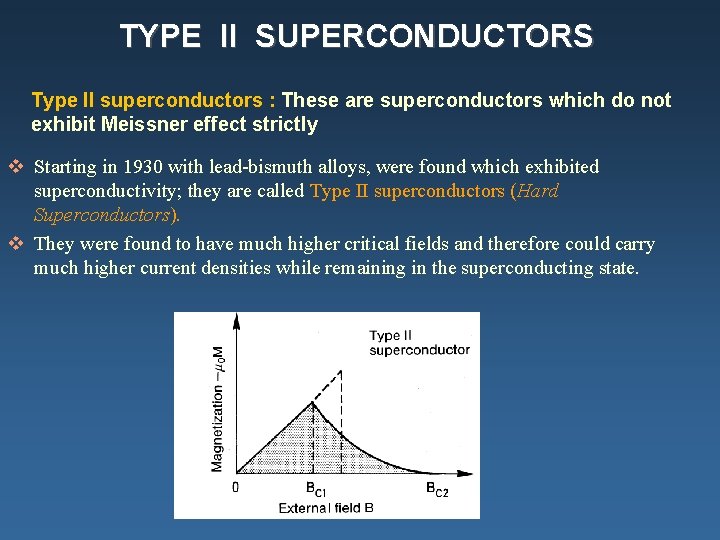 TYPE II SUPERCONDUCTORS Type II superconductors : These are superconductors which do not exhibit