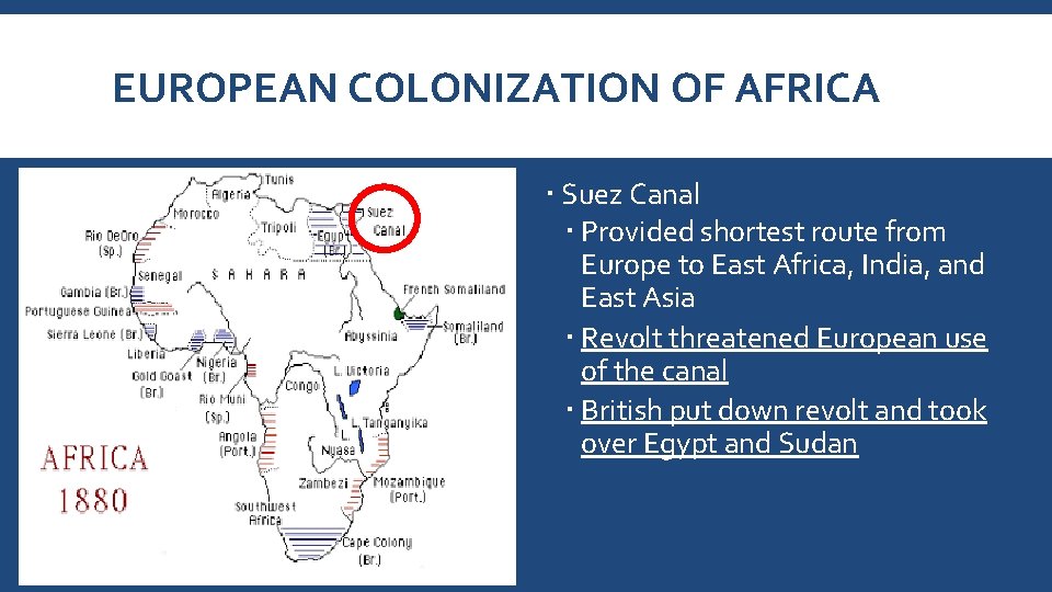 EUROPEAN COLONIZATION OF AFRICA Suez Canal Provided shortest route from Europe to East Africa,