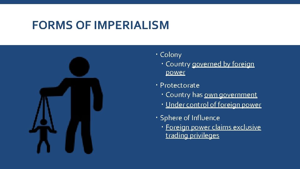 FORMS OF IMPERIALISM Colony Country governed by foreign power Protectorate Country has own government