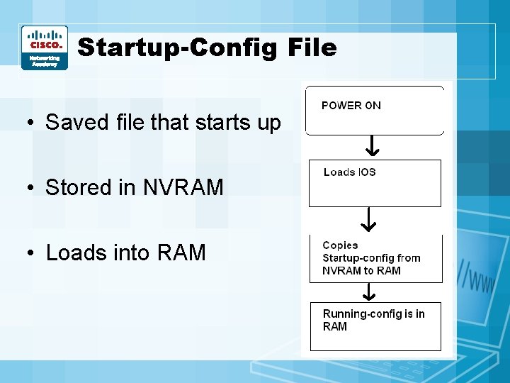 Startup-Config File • Saved file that starts up • Stored in NVRAM • Loads Startup-Config File • Saved file that starts up • Stored in NVRAM • Loads