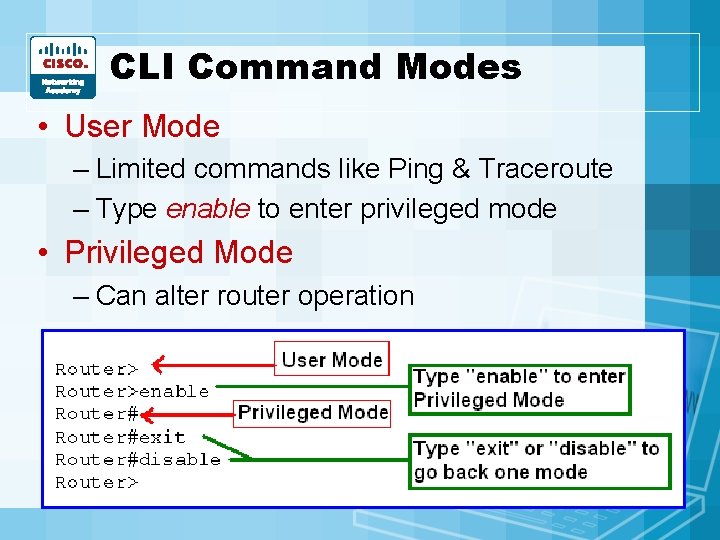 CLI Command Modes • User Mode – Limited commands like Ping & Traceroute – CLI Command Modes • User Mode – Limited commands like Ping & Traceroute –
