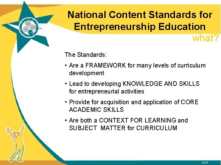 National Content Standards for Entrepreneurship Education what? The Standards: • Are a FRAMEWORK for