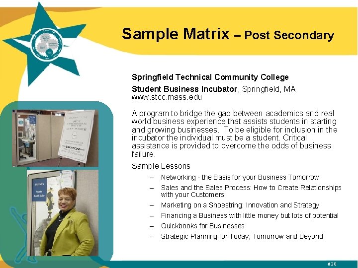 Sample Matrix – Post Secondary Springfield Technical Community College Student Business Incubator, Springfield, MA
