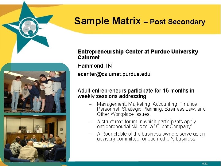 Sample Matrix – Post Secondary Entrepreneurship Center at Purdue University Calumet Hammond, IN ecenter@calumet.