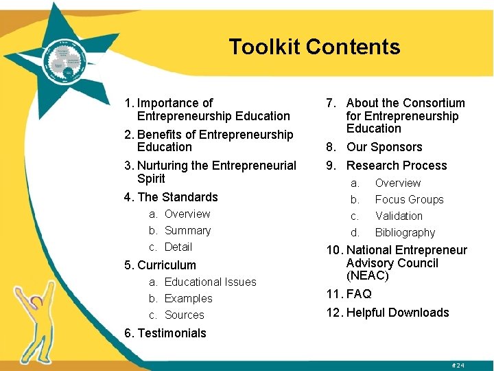 Toolkit Contents 1. Importance of Entrepreneurship Education 2. Benefits of Entrepreneurship Education 3. Nurturing