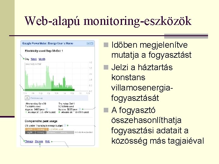 Web-alapú monitoring-eszközök n Időben megjelenítve mutatja a fogyasztást n Jelzi a háztartás konstans villamosenergiafogyasztását