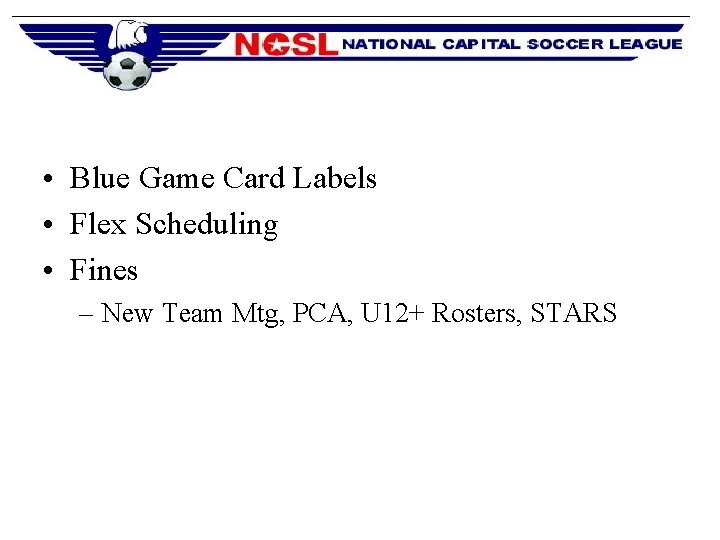  • Blue Game Card Labels • Flex Scheduling • Fines – New Team