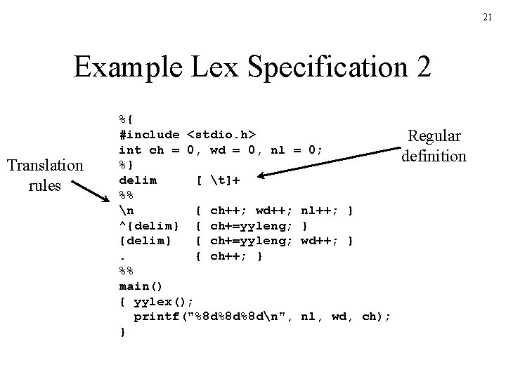 21 Example Lex Specification 2 Translation rules %{ #include <stdio. h> int ch =