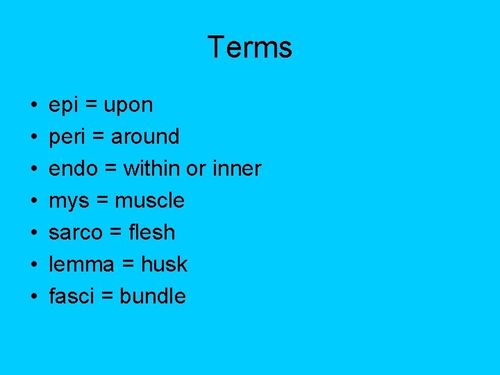Terms • • epi = upon peri = around endo = within or inner Terms • • epi = upon peri = around endo = within or inner