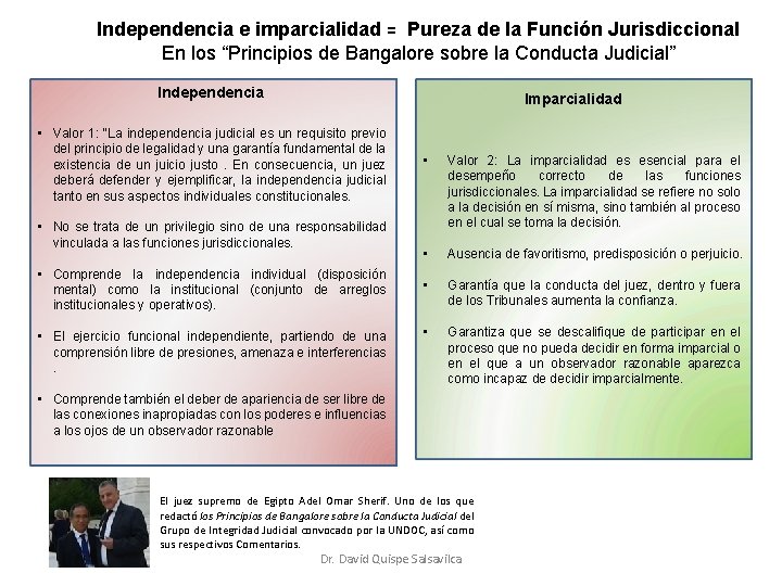 Independencia e imparcialidad = Pureza de la Función Jurisdiccional En los “Principios de Bangalore