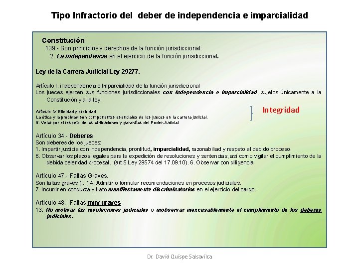 Tipo Infractorio del deber de independencia e imparcialidad Constitución 139. - Son principios y