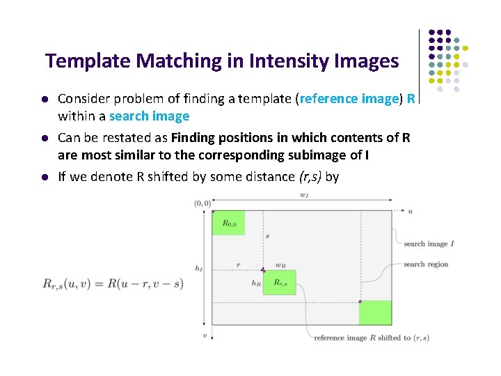 Template Matching in Intensity Images Consider problem of finding a template (reference image) R