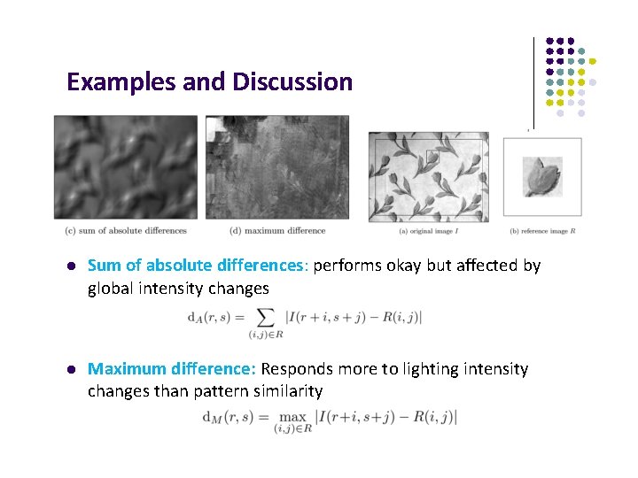 Examples and Discussion Sum of absolute differences: performs okay but affected by global intensity