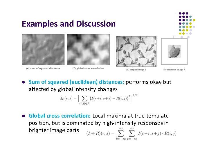 Examples and Discussion Sum of squared (euclidean) distances: performs okay but affected by global