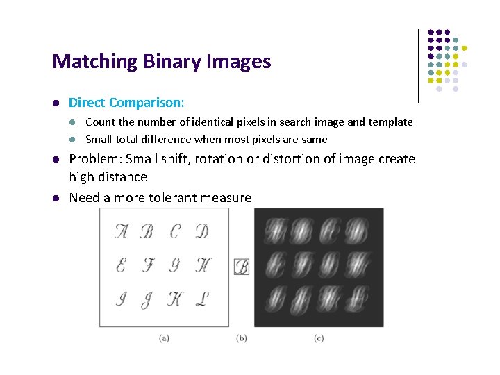 Matching Binary Images Direct Comparison: Count the number of identical pixels in search image