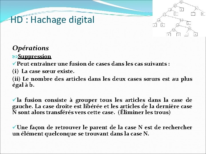 HD : Hachage digital Opérations Suppression üPeut entraîner une fusion de cases dans les