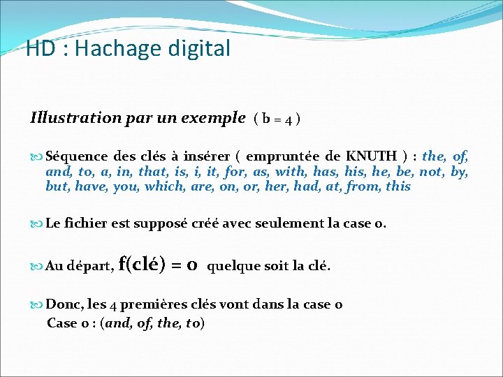 HD : Hachage digital Illustration par un exemple ( b = 4 ) Séquence