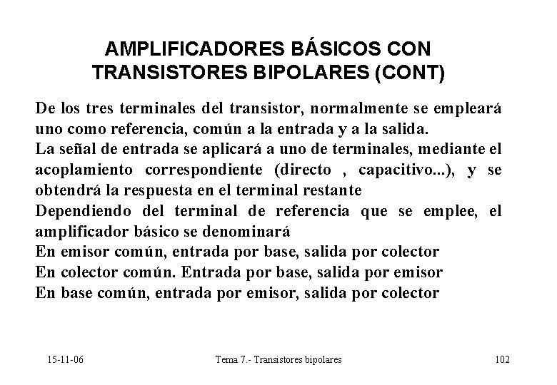 AMPLIFICADORES BÁSICOS CON TRANSISTORES BIPOLARES (CONT) De los tres terminales del transistor, normalmente se AMPLIFICADORES BÁSICOS CON TRANSISTORES BIPOLARES (CONT) De los tres terminales del transistor, normalmente se