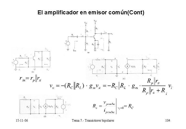 El amplificador en emisor común(Cont) 15 -11 -06 Tema 7. - Transistores bipolares 104 El amplificador en emisor común(Cont) 15 -11 -06 Tema 7. - Transistores bipolares 104