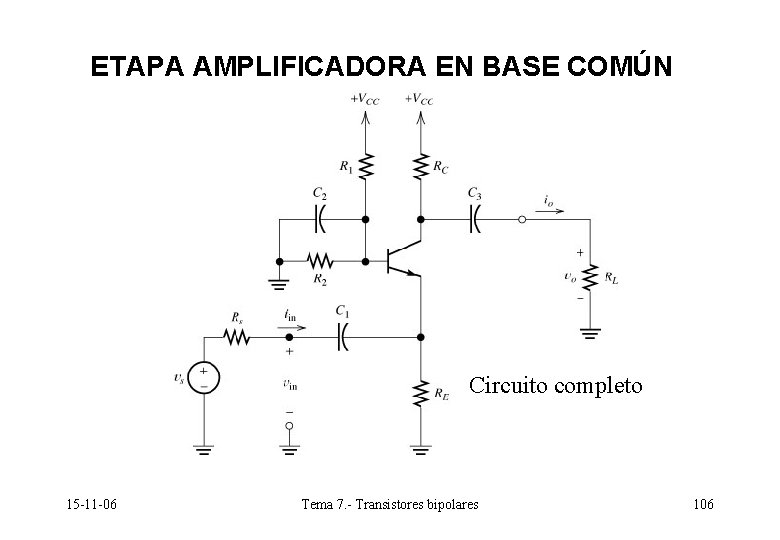 ETAPA AMPLIFICADORA EN BASE COMÚN Circuito completo 15 -11 -06 Tema 7. - Transistores ETAPA AMPLIFICADORA EN BASE COMÚN Circuito completo 15 -11 -06 Tema 7. - Transistores