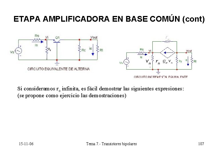 ETAPA AMPLIFICADORA EN BASE COMÚN (cont) Si consideramos ro infinita, es fácil demostrar las ETAPA AMPLIFICADORA EN BASE COMÚN (cont) Si consideramos ro infinita, es fácil demostrar las