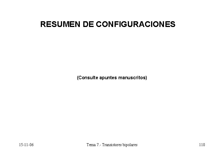 RESUMEN DE CONFIGURACIONES (Consulte apuntes manuscritos) 15 -11 -06 Tema 7. - Transistores bipolares RESUMEN DE CONFIGURACIONES (Consulte apuntes manuscritos) 15 -11 -06 Tema 7. - Transistores bipolares