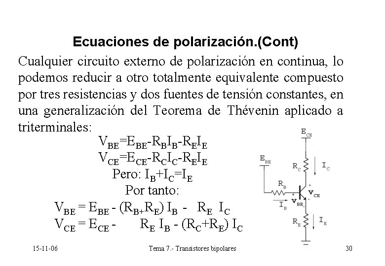 Ecuaciones de polarización. (Cont) Cualquier circuito externo de polarización en continua, lo podemos reducir Ecuaciones de polarización. (Cont) Cualquier circuito externo de polarización en continua, lo podemos reducir