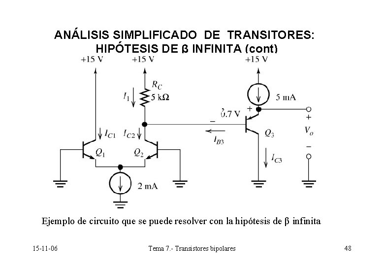 ANÁLISIS SIMPLIFICADO DE TRANSITORES: HIPÓTESIS DE β INFINITA (cont) , Ejemplo de circuito que ANÁLISIS SIMPLIFICADO DE TRANSITORES: HIPÓTESIS DE β INFINITA (cont) , Ejemplo de circuito que