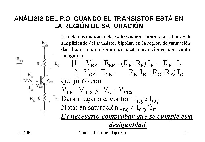 ANÁLISIS DEL P. O. CUANDO EL TRANSISTOR ESTÁ EN LA REGIÓN DE SATURACIÓN Las ANÁLISIS DEL P. O. CUANDO EL TRANSISTOR ESTÁ EN LA REGIÓN DE SATURACIÓN Las
