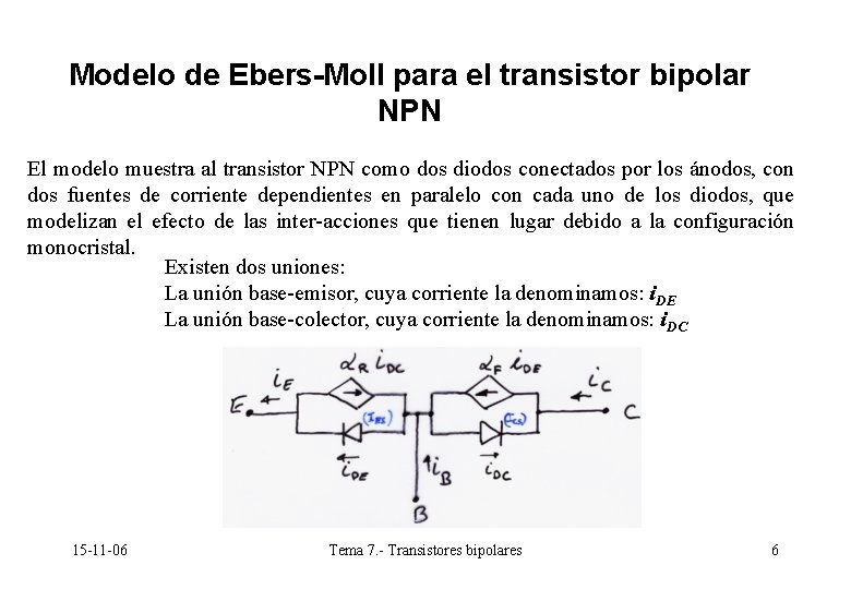 Modelo de Ebers-Moll para el transistor bipolar NPN El modelo muestra al transistor NPN Modelo de Ebers-Moll para el transistor bipolar NPN El modelo muestra al transistor NPN