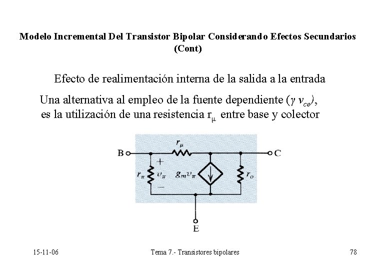 Modelo Incremental Del Transistor Bipolar Considerando Efectos Secundarios (Cont) Efecto de realimentación interna de Modelo Incremental Del Transistor Bipolar Considerando Efectos Secundarios (Cont) Efecto de realimentación interna de