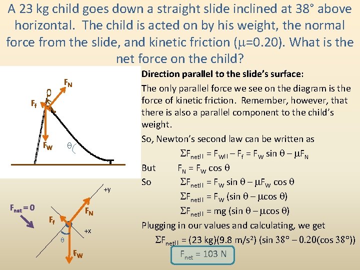 A 23 kg child goes down a straight slide inclined at 38° above horizontal.