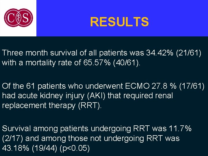 RESULTS Three month survival of all patients was 34. 42% (21/61) with a mortality