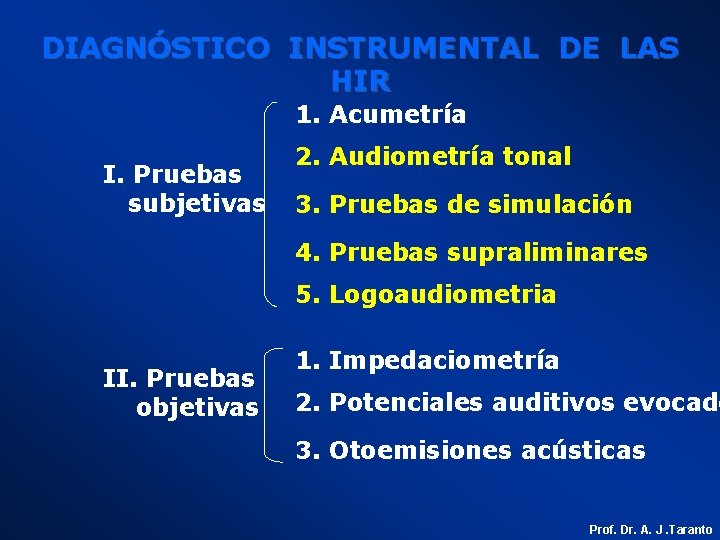 DIAGNÓSTICO INSTRUMENTAL DE LAS HIR 1. Acumetría I. Pruebas subjetivas 2. Audiometría tonal 3.