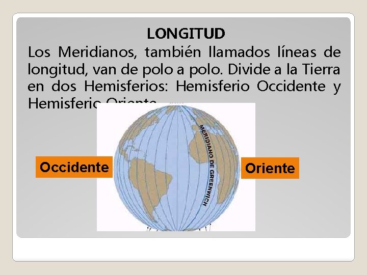 LONGITUD Los Meridianos, también llamados líneas de longitud, van de polo a polo. Divide