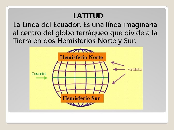 LATITUD La Línea del Ecuador. Es una línea imaginaria al centro del globo terráqueo