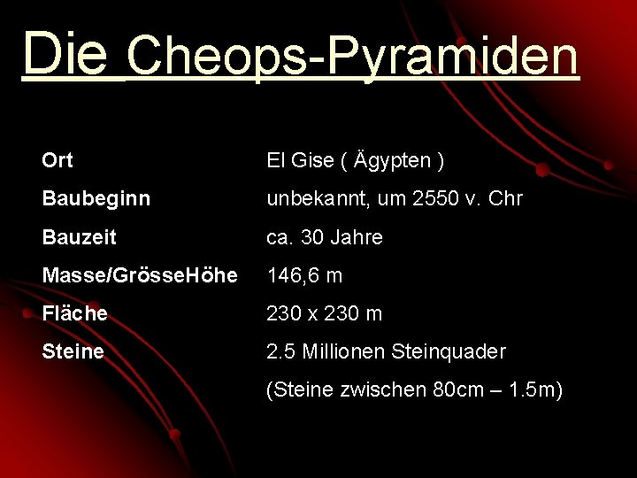 Die Cheops-Pyramiden Ort El Gise ( Ägypten ) Baubeginn unbekannt, um 2550 v. Chr