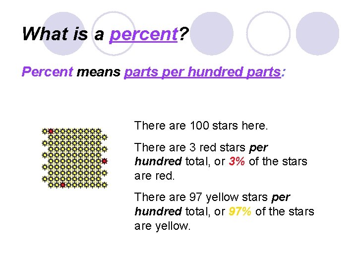 What is a percent? Percent means parts per hundred parts: There are 100 stars