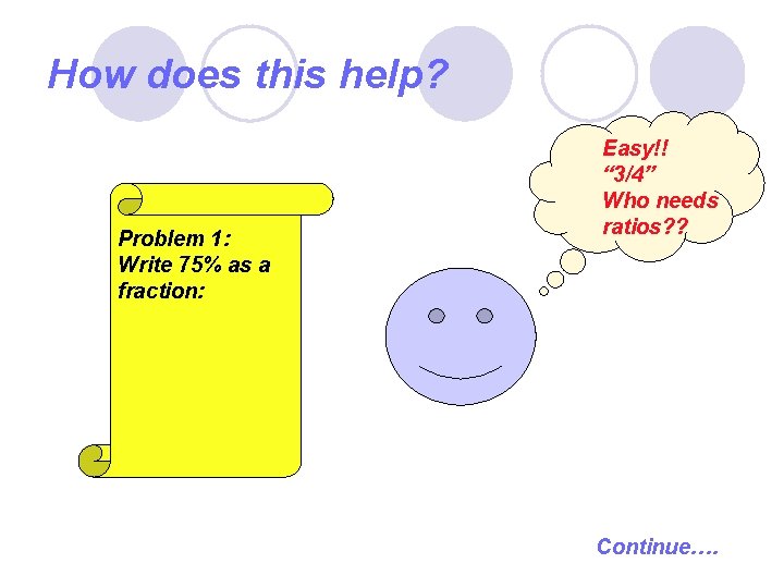 How does this help? Problem 1: Write 75% as a fraction: Easy!! “ 3/4”