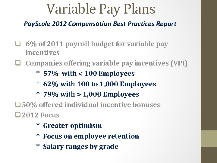 Variable Pay Plans Pay. Scale 2012 Compensation Best Practices Report q 6% of 2011
