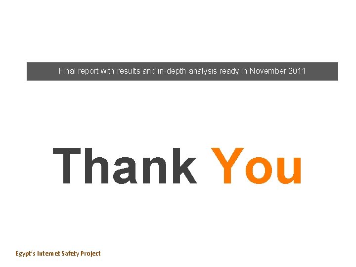 Final report with results and in-depth analysis ready in November 2011 Thank You Egypt’s Final report with results and in-depth analysis ready in November 2011 Thank You Egypt’s
