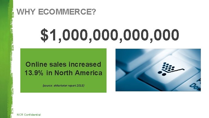 WHY ECOMMERCE? $1, 000, 000 Online sales increased 13. 9% in North America (source: